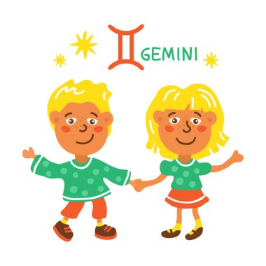 Burç burcu Gemini beyaz arka planda izole edilmiş. Sevimli çocuk karakteri. Zodiac takımyıldızı. Vektör çizimi. Yıldız falı ve astrolojik tahminler için düz tasarım ögesi.