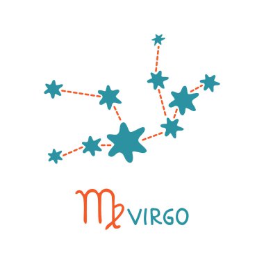 Burç işareti beyaz arka planda izole edilmiş Başak burcu. Zodiac takımyıldızı. Yıldız falı ve astrolojik tahminler için tasarım elemanı. Vektör illüstrasyonu.