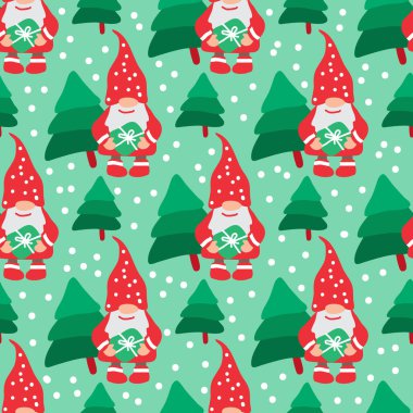 Küçük şirin mutlu İskandinav cüceler. Kusursuz desen. Noel ve Yeni Yıl karakterleri. Vektör çizimi. Kumaş, duvar kağıdı, ambalaj kağıdı ve pankart için düz tasarım ögeleri.