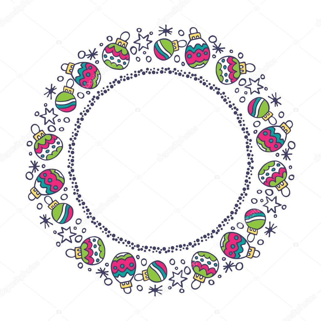 Decorative border with Christmas balls isolated on white background. Holiday vector illustration.