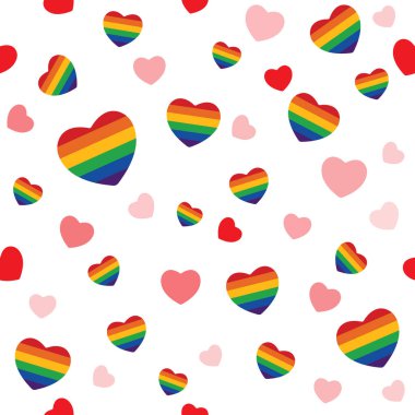 LGBT pride symbol. Seamless pattern with gay rainbow hearts. Pride month. Vector illustration design element for wallpaper, wrapping paper, fabric.
