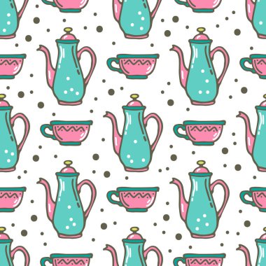 Kahve fincanı ve kupalarla kusursuz desen. Doodle tarzı. Pankart, ambalaj kağıdı ve kumaş için tasarım elemanı. Vektör illüstrasyonu.