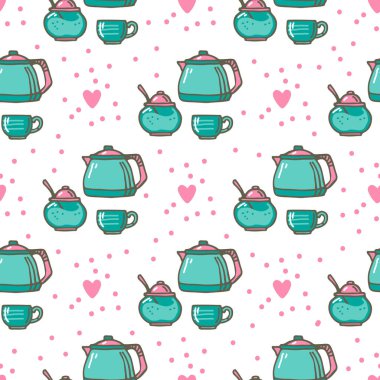 Kahve ya da çay setiyle kusursuz desen. Doodle tarzı. Pankart, ambalaj kağıdı ve kumaş için tasarım elemanı. Vektör illüstrasyonu.