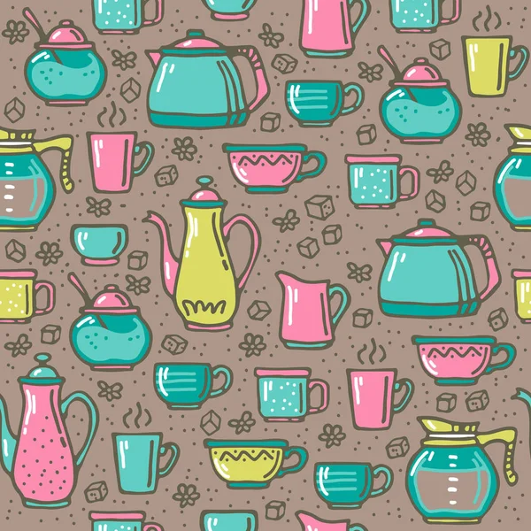 Seamless pattern with coffee pot and mugs. Doodle style. Design element for banner, wrapping paper, fabric. Vector illustration.