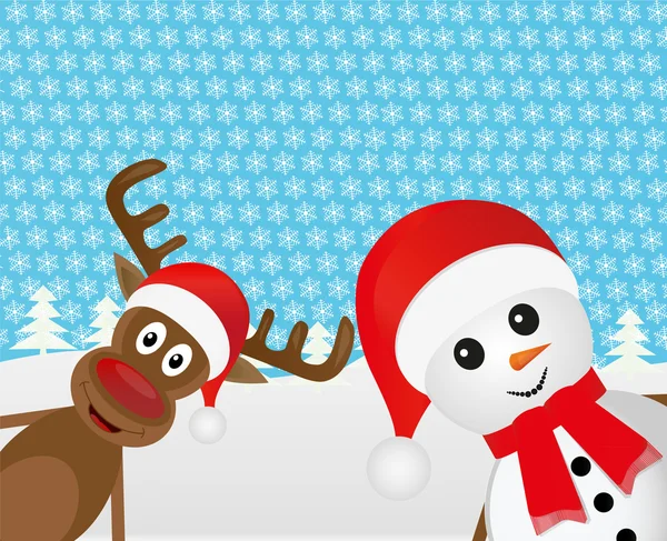 Boneco de neve e renas de Natal — Vetor de Stock
