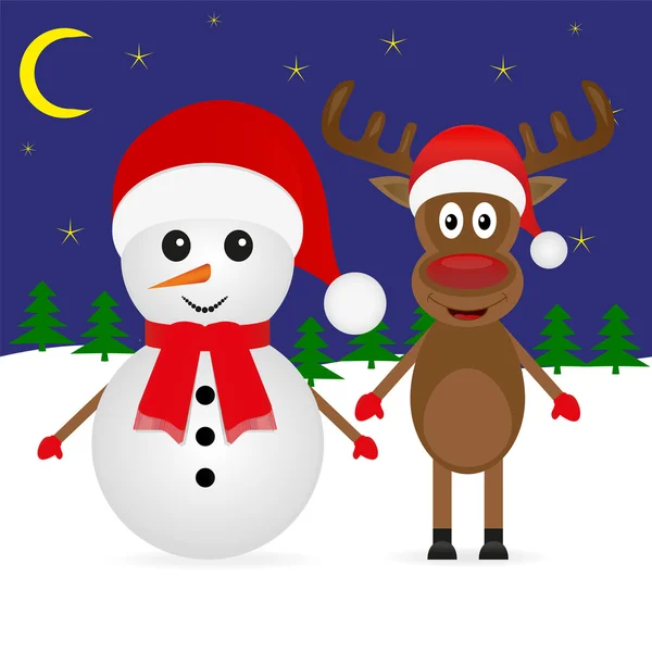 Christmas deer and snowman — Stock Vector