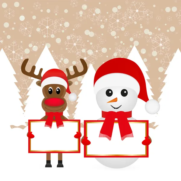 Bonhomme de neige et rennes de Noël — Image vectorielle