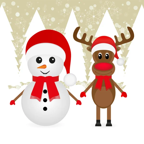 Christmas reindeer and a snowman — Stock Vector