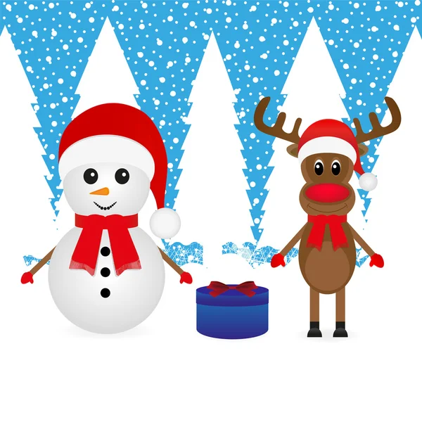 Снеговик, олень и рождественский подарок — стоковый вектор