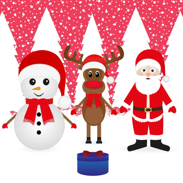 Babbo Natale, pupazzo di neve, renne e regalo di Natale — Vettoriale Stock