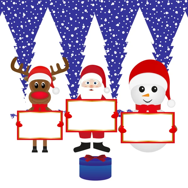 Kardan adam, Noel Baba, Ren geyiği ile afiş — Stok Vektör