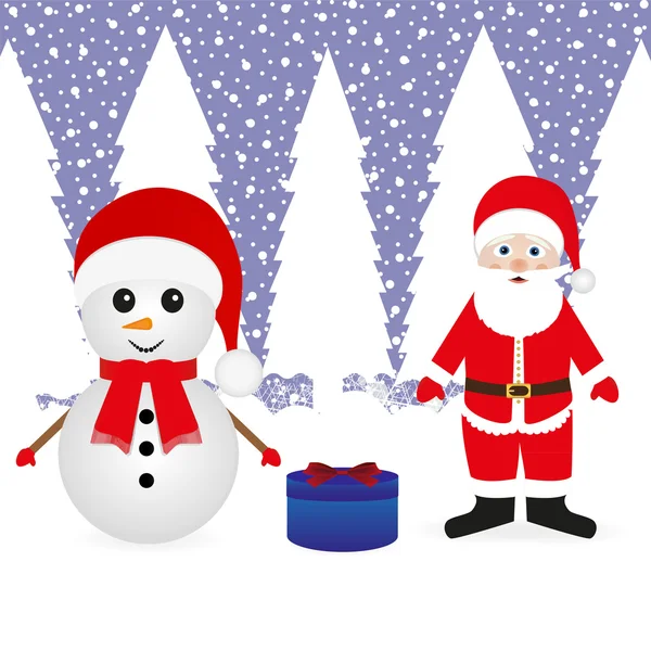Santa Claus, a snowman and a Christmas gift — Stock Vector