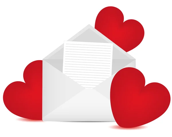 Letter in an envelope and red hearts — Stock Vector
