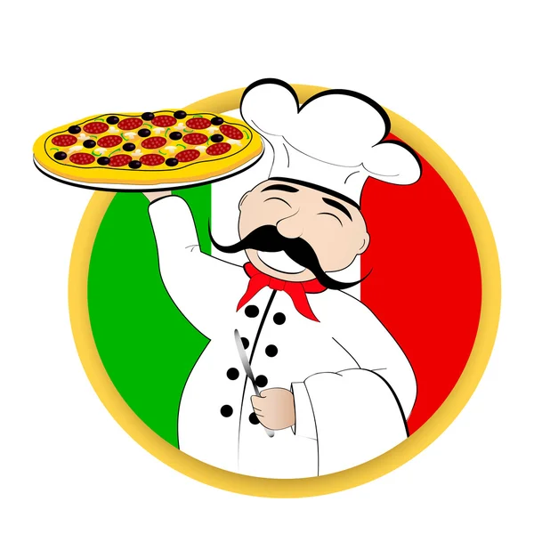 Pizza de chef sobre fondo de la bandera de Italia — Vector de stock