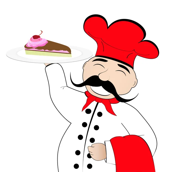 Chef con un pastel en un plato — Vector de stock