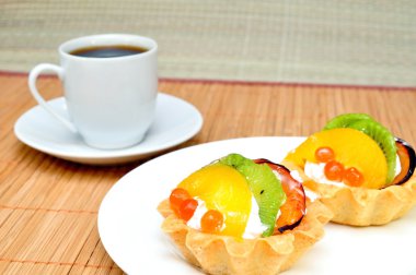 bir fincan kahve ve bir tabak meyve pasta