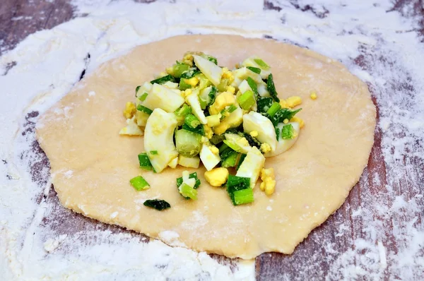 Pasta stesa per torte e ripieno di cipolla con uovo — Foto Stock