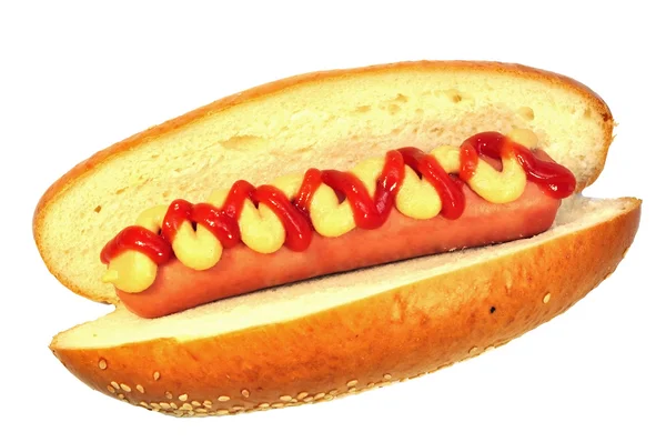 Cachorro quente com ketchup de tomate e mostarda — Fotografia de Stock