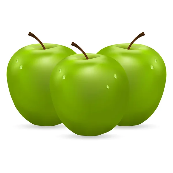 Drie groene appels met waterdruppels — Stockvector