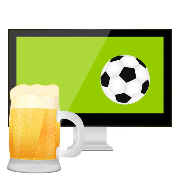 Мяч в экран телевизора и кружка пива — стоковый вектор