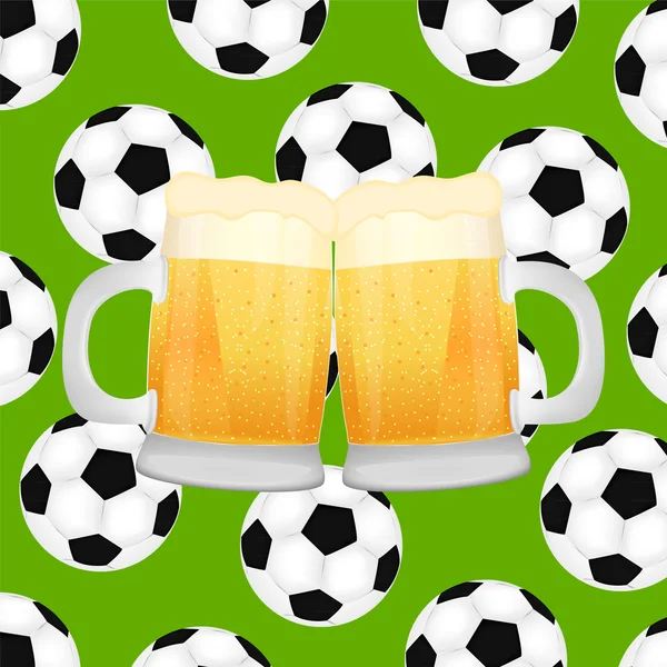 Две кружки пива на фоне футбольных мячей — стоковый вектор