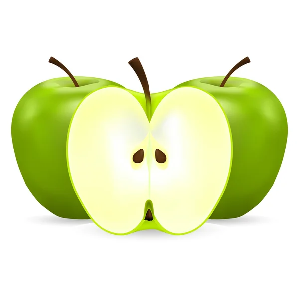 Twee hele en halve groene appels — Stockvector