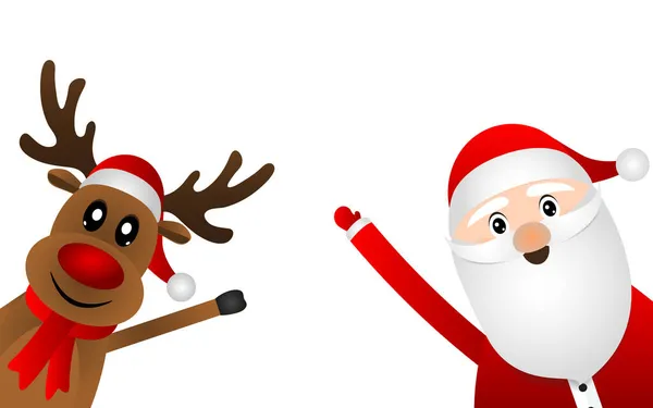 Santa claus and cartoon reindeer greet you — Stock Vector
