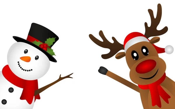 トナカイとクリスマスの雪だるまがお出迎え — ストックベクタ