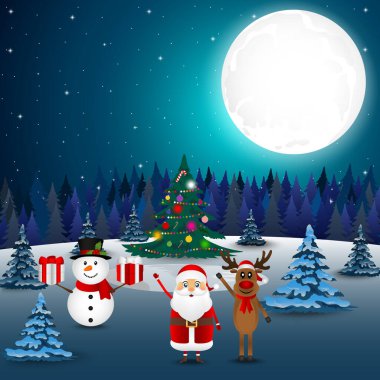 Hediyeli mutlu kardan adam. Noel Baba ve ren geyiği selamlaşır. 