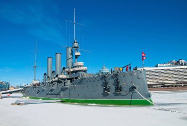 ST. PETERSBURG, RUSSIA - March 27 , 2021: Aurora cruiser, the symbol of the October revolution