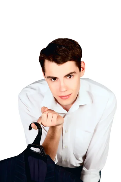 Young man with a suit on hanger isolated — Stock Photo, Image