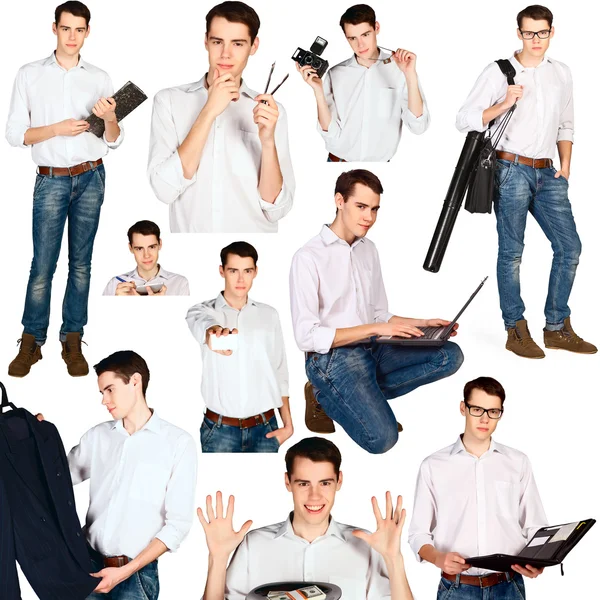 Collage van jonge man met office-objecten geïsoleerd — Stockfoto