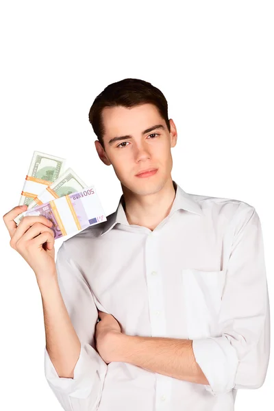 Jongeman met contant geld geïsoleerd op wit — Stockfoto
