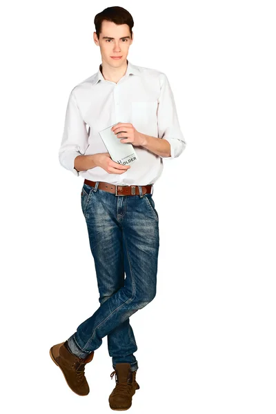 Young man with card holder isolated on white — Stock Photo, Image