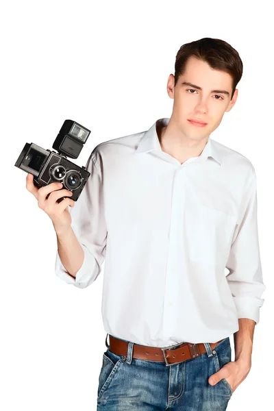 genç adam izole kamera ile poz