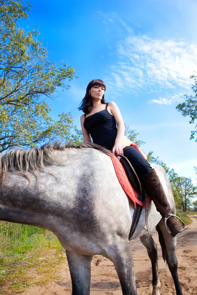 Meisje op paard achtergrond van blauw — Stockfoto