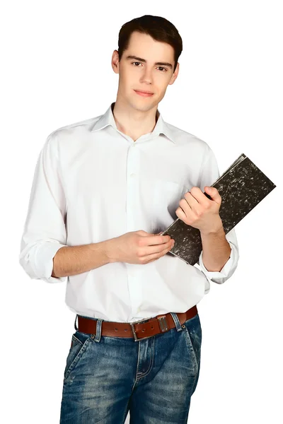 Young man smiling with folder of documents isolated — Stock Photo, Image