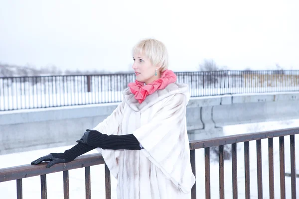 Ragazza in pelliccia posa ragazza sulla neve — Foto Stock