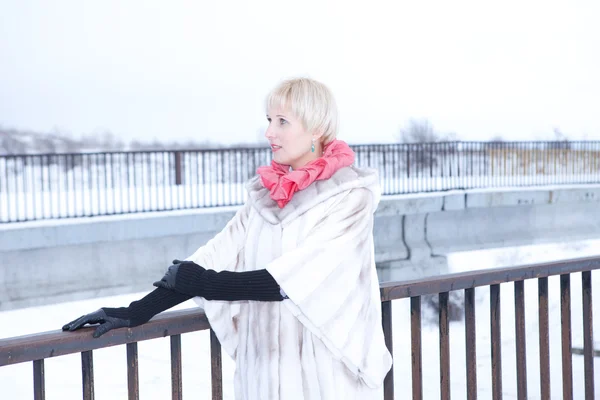 Girl in fur coat poses girl on snow — Stock Photo, Image