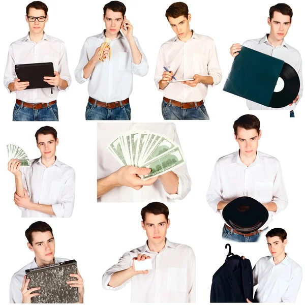 Collage jonge man in wit overhemd met verschillende objecten geïsoleerd — Stockfoto