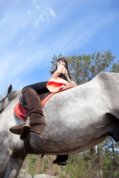 Menina no fundo do cavalo vista — Fotografia de Stock