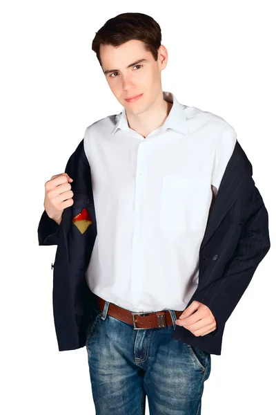 Young man takes off his jacket — Stock Photo, Image