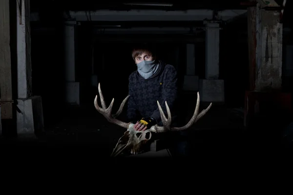 Young man with a deer skull in front of him in a dark cellar — Stock Photo, Image