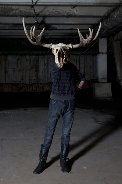 Man with deer skull for a head in dark basement — Stock Photo, Image