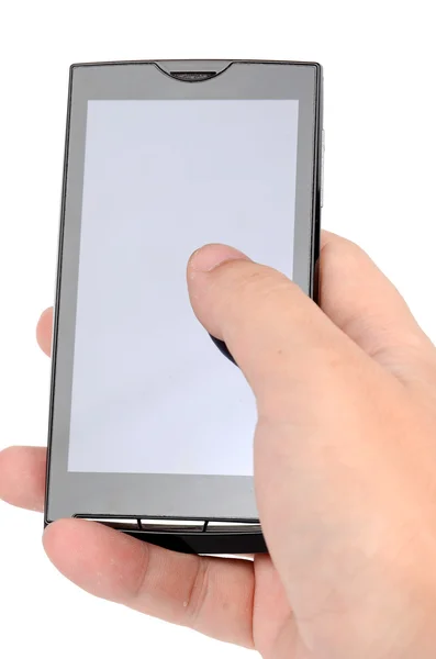 Smart telefon och finger på vit bakgrund — Stockfoto