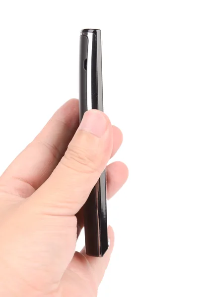 Telefone inteligente e dedo no fundo branco — Fotografia de Stock