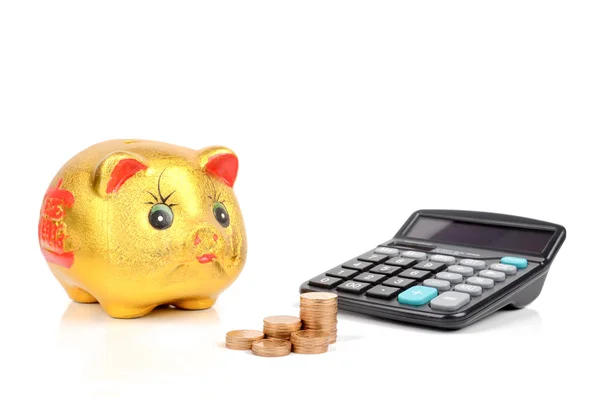 Piggy bank, moedas e calculadora — Fotografia de Stock