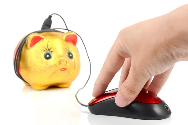 Piggy bank en muis op witte achtergrond — Stockfoto