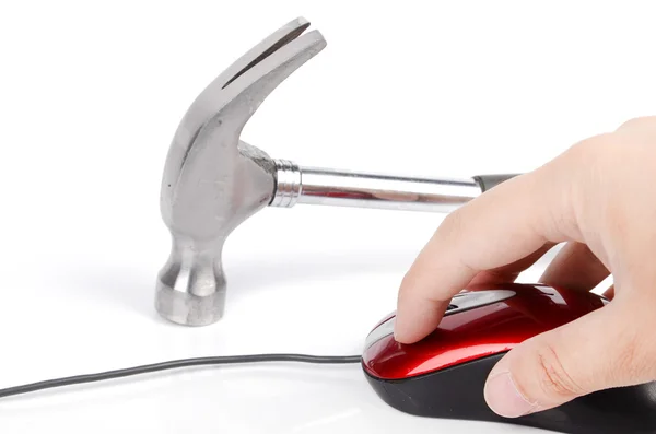 Hammer and computer mouse on white background — Stock Photo, Image