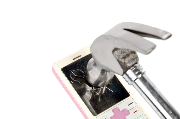Martello e telefono su sfondo bianco — Foto Stock
